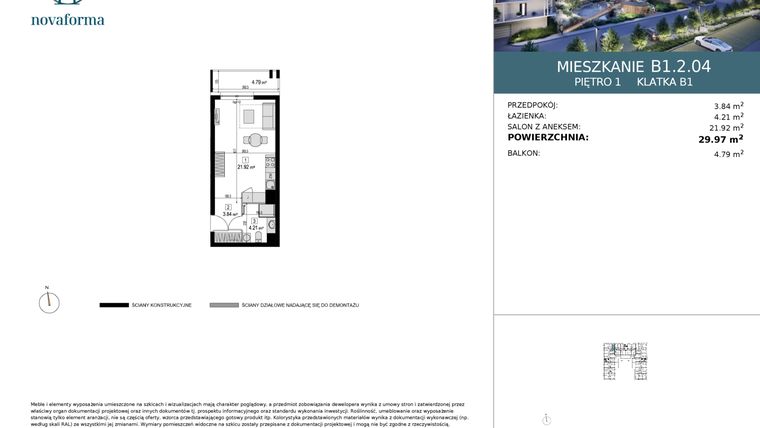 Rzut - Mieszkanie na sprzedaż 1 pokój o powierzchni 29,97 m² - numer B1.2.04 w Novaforma II