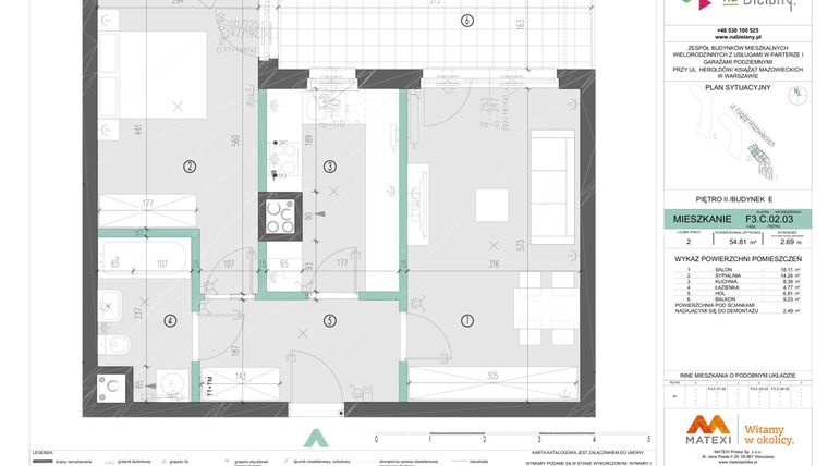 Rzut - Mieszkanie na sprzedaż 2 pokoje o powierzchni 54,81 m² - numer F3.C.02.03 w Na Bielany! etap III