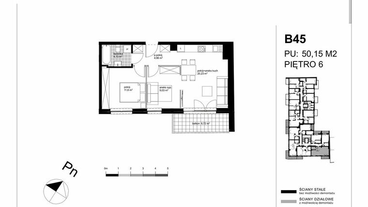 Rzut - Mieszkanie na sprzedaż 2 pokoje o powierzchni 50,15 m² - numer B45 w Apartamenty Kopernika - etap II