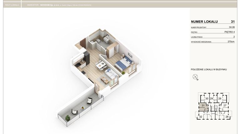 Rzut - Mieszkanie na sprzedaż 2 pokoje o powierzchni 43,09 m² - numer 31 w Bianco