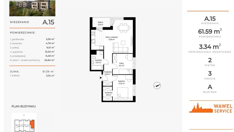 Rzut - Mieszkanie na sprzedaż 3 pokoje o powierzchni 61,59 m² - numer A.15 w Nowa Namiarkowa