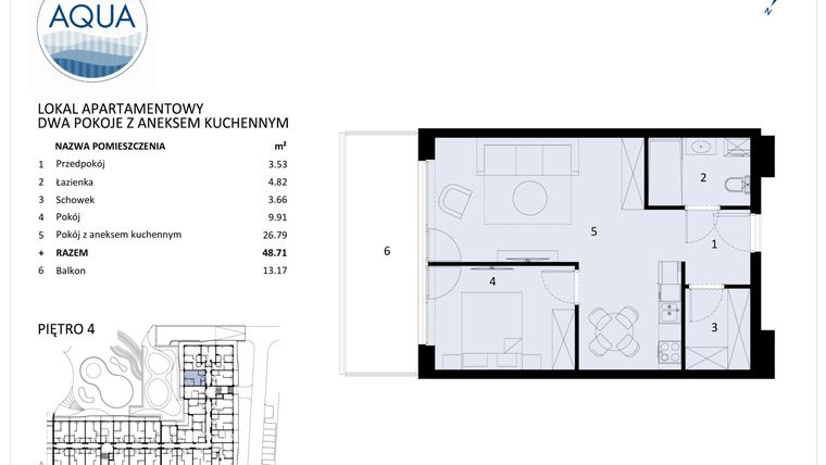 Rzut - Mieszkanie na sprzedaż 2 pokoje o powierzchni 48,71 m² - numer D412 w Polanki Aqua