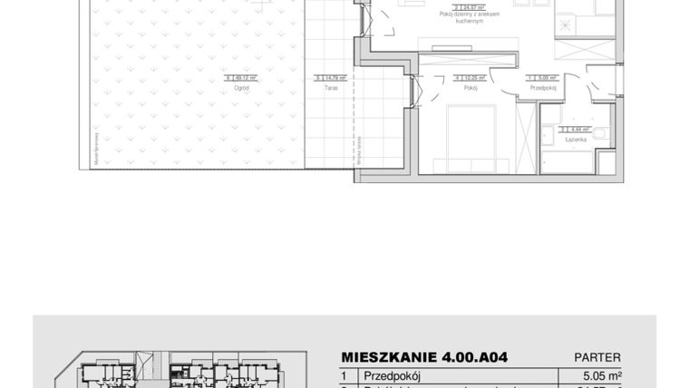 Rzut - Mieszkanie na sprzedaż 2 pokoje o powierzchni 46,31 m² - numer 4.00.A04 w Ogrody Andersa III