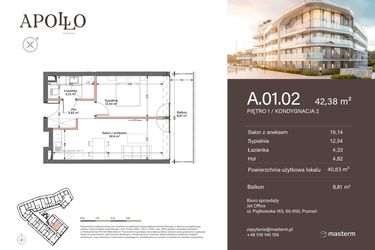 Rzut - Mieszkanie na sprzedaż 2 pokoje o powierzchni 42,38 m² - numer A.1.02 w Apollo Residence