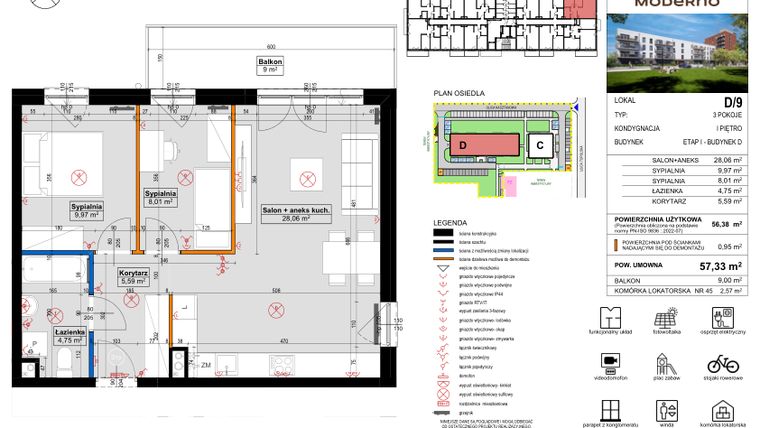 Rzut - Mieszkanie na sprzedaż 3 pokoje o powierzchni 57,33 m² - numer D.9 w Osiedle Moderno