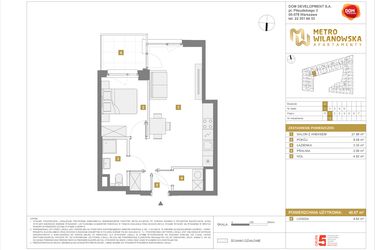 Rzut - Mieszkanie na sprzedaż 2 pokoje o powierzchni 40,87 m² - numer 15 w Apartamenty Metro Wilanowska