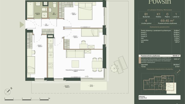 Rzut - Mieszkanie na sprzedaż 4 pokoje o powierzchni 69,45 m² - numer B1/1 w Onelife Powsin