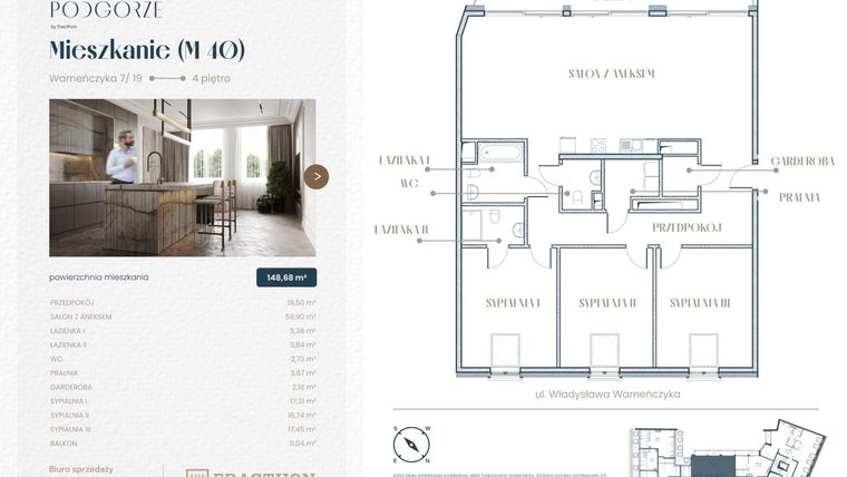 Rzut - Mieszkanie na sprzedaż 4 pokoje o powierzchni 148,68 m² - numer M.40 w Stare Podgórze