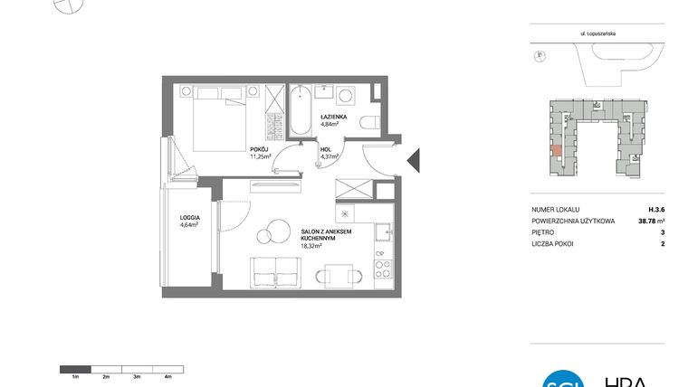 Rzut - Mieszkanie na sprzedaż 2 pokoje o powierzchni 38,78 m² - numer H.3.6 w Łopuszańska 47 - etap 3