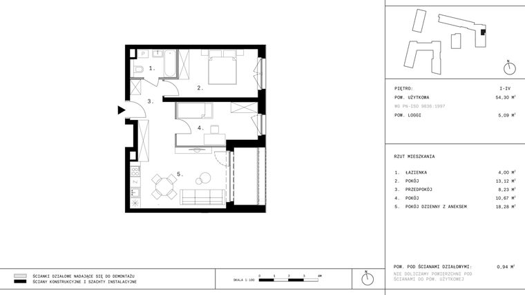 Rzut - Mieszkanie na sprzedaż 3 pokoje o powierzchni 54,3 m² - numer A2.1 w 28 czerwca 1956 r.