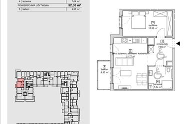 Rzut - Mieszkanie na sprzedaż 2 pokoje o powierzchni 52,38 m² - numer 2A-3-3 w Naramowice Odnova