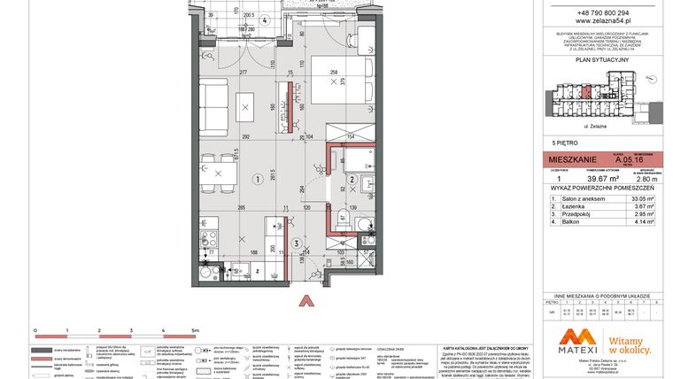 Rzut - Mieszkanie na sprzedaż 1 pokój o powierzchni 39,67 m² - numer A.05.16 w Żelazna 54