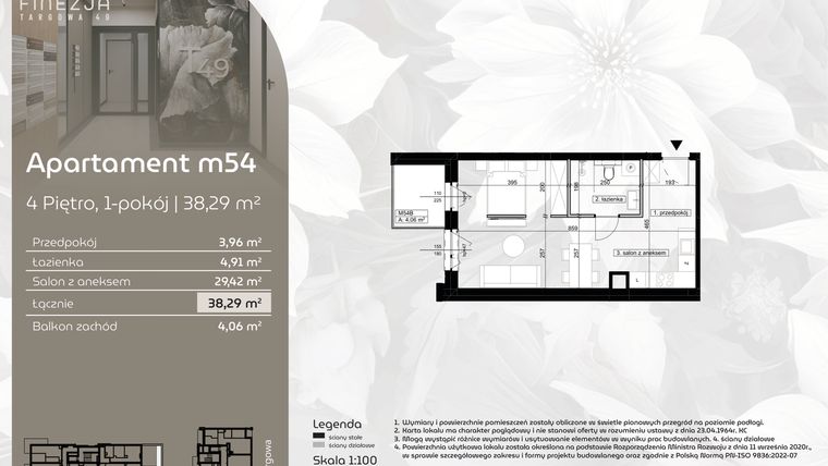 Rzut - Mieszkanie na sprzedaż 1 pokój o powierzchni 38,29 m² - numer M54 w Finezja Targowa 49