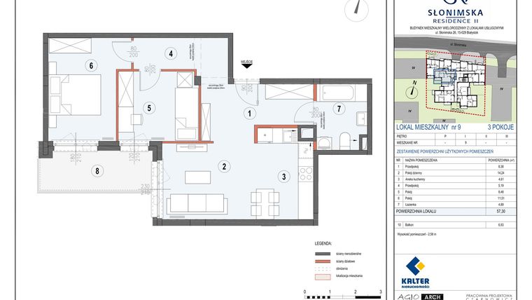 Rzut - Mieszkanie na sprzedaż 3 pokoje o powierzchni 57,3 m² - numer M9 w Słonimska Residence II