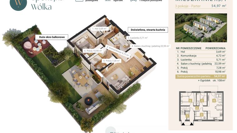 Rzut - Mieszkanie na sprzedaż 3 pokoje o powierzchni 54,97 m² - numer A3/1 w Spokojna Wólka etap IV