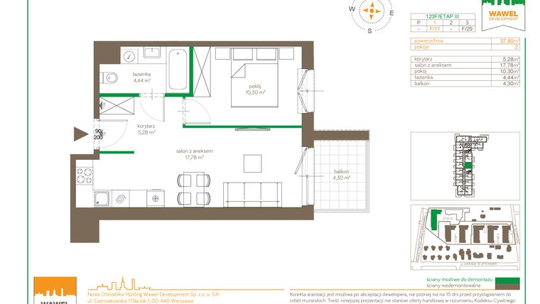 Rzut - Mieszkanie na sprzedaż 2 pokoje o powierzchni 37,8 m² - numer F/11 w Ostródzka 123 - III etap