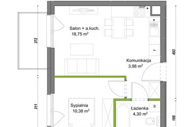 Rzut - Mieszkanie na sprzedaż 2 pokoje o powierzchni 37,41 m² - numer E1/B/05 w Orawska Vita