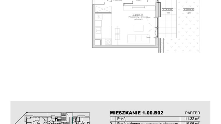 Rzut - Mieszkanie na sprzedaż 2 pokoje o powierzchni 39,84 m² - numer 1.00.B02 w Ogrody Andersa III