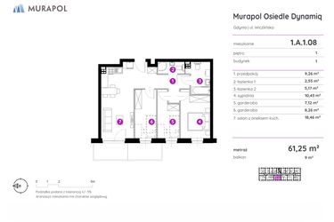 Rzut - Mieszkanie na sprzedaż 2 pokoje o powierzchni 61,25 m² - numer 1.A.1.08 w Murapol Osiedle Dynamiq