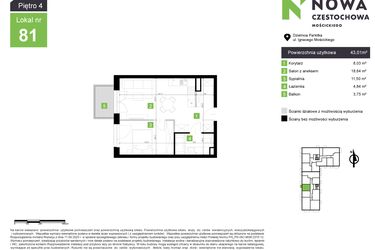 Rzut - Mieszkanie na sprzedaż 2 pokoje o powierzchni 43,01 m² - numer M81 w Nowa Częstochowa Mościckiego