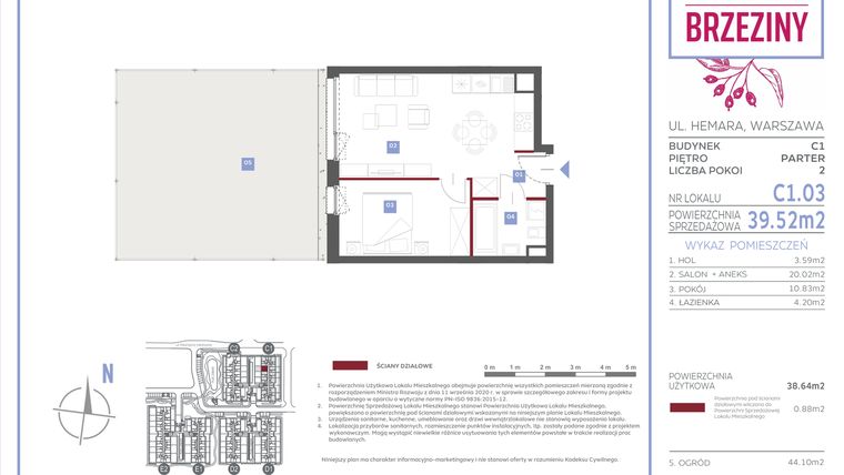 Rzut - Mieszkanie na sprzedaż 2 pokoje o powierzchni 39,52 m² - numer C1.03 w Miasteczko Brzeziny II