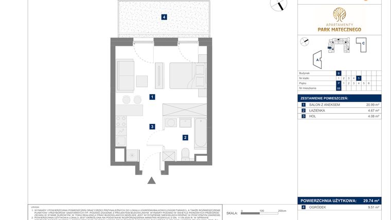 Rzut - Mieszkanie na sprzedaż 1 pokój o powierzchni 29,74 m² - numer B88 w Apartamenty Park Matecznego Etap 1