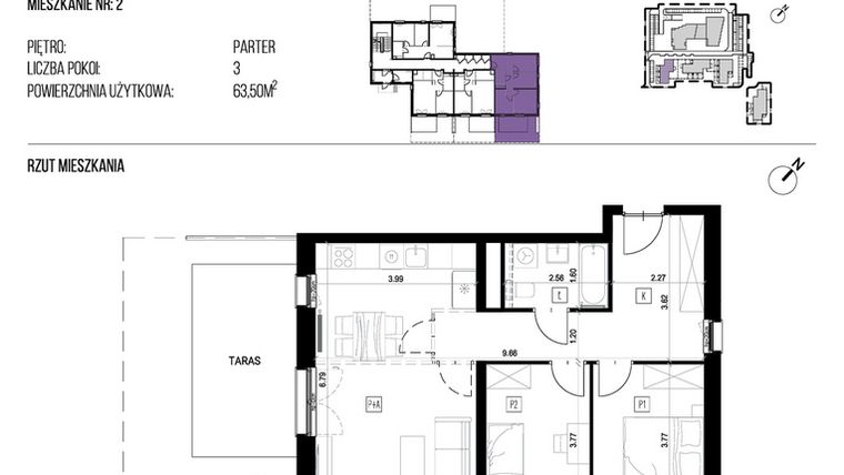 Rzut - Mieszkanie na sprzedaż 3 pokoje o powierzchni 63,5 m² - numer 22G/02 w NATURAMA II