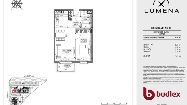 Rzut - Mieszkanie na sprzedaż 2 pokoje o powierzchni 43,83 m² - numer C1.10 w Lumena