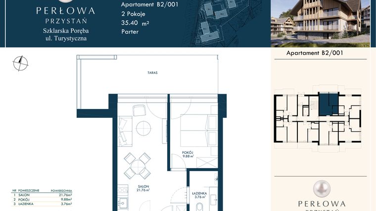 Rzut - Mieszkanie na sprzedaż 2 pokoje o powierzchni 35,4 m² - numer B2/001 w Perłowa Przystań - Szklarska Poręba