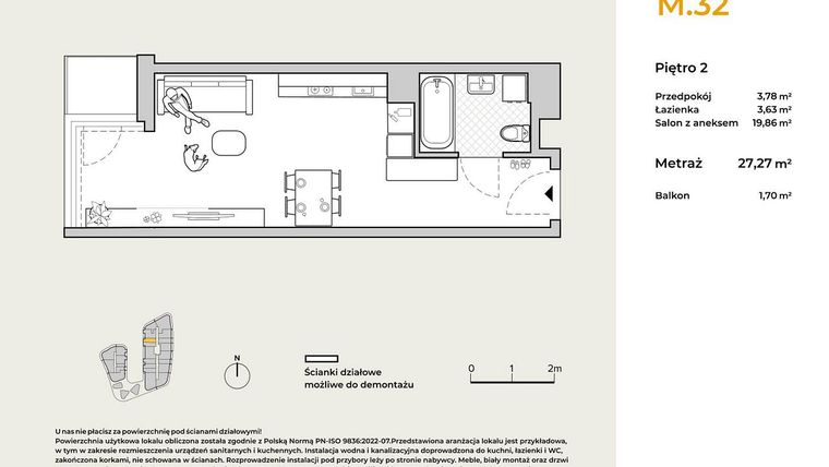 Rzut - Mieszkanie na sprzedaż 1 pokój o powierzchni 27,27 m² - numer M32 w Baja Piaśniki