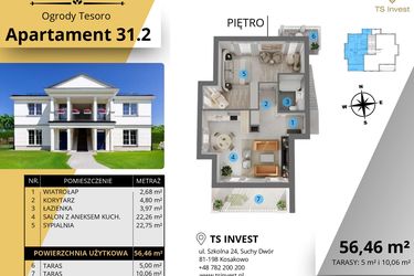 Rzut - Mieszkanie na sprzedaż 2 pokoje o powierzchni 56,7 m² - numer 31.2. w Ogrody Tesoro VI