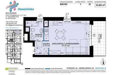 Rzut - Mieszkanie na sprzedaż 1 pokój o powierzchni 33,85 m² - numer B/9/103 w Osiedle Hawelańska etap III - bud. B