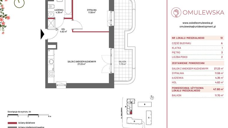 Rzut - Mieszkanie na sprzedaż 2 pokoje o powierzchni 47,8 m² - numer 24A/13 w Omulewska