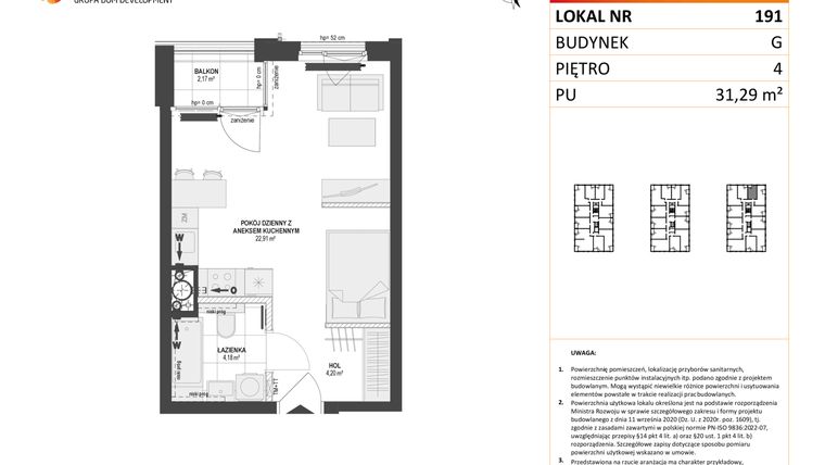 Rzut - Mieszkanie na sprzedaż 1 pokój o powierzchni 31,29 m² - numer G.191 w DOKI etap II (bud. G)