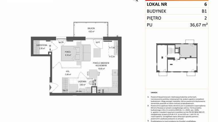 Rzut - Mieszkanie na sprzedaż 2 pokoje o powierzchni 36,67 m² - numer B1.6 w Gdańskie Zacisze
