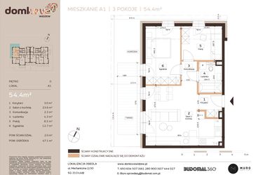 Rzut - Mieszkanie na sprzedaż 3 pokoje o powierzchni 54,4 m² - numer A1 w Domkove Widzew