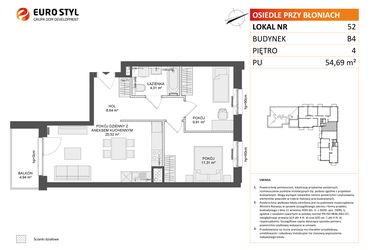 Rzut - Mieszkanie na sprzedaż 3 pokoje o powierzchni 54,53 m² - numer B4.52 w Osiedle Przy Błoniach 3 etap III