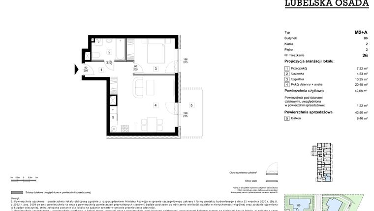 Rzut - Mieszkanie na sprzedaż 2 pokoje o powierzchni 43,9 m² - numer B6.26 w Lubelska Osada budynek B6