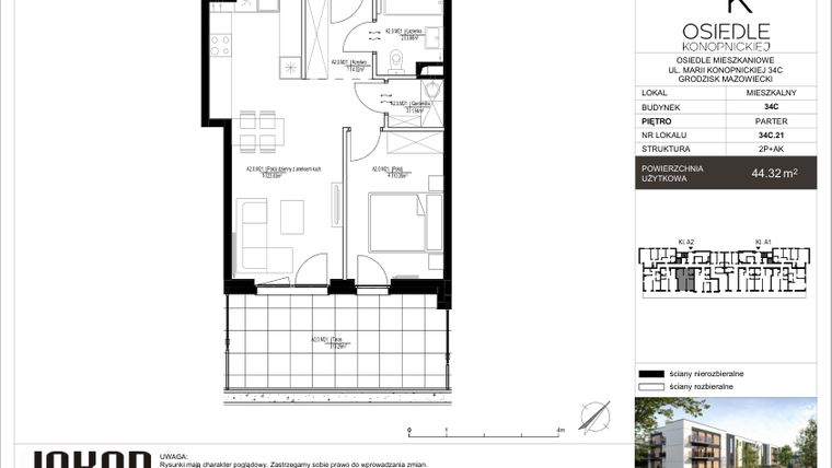 Rzut - Mieszkanie na sprzedaż 2 pokoje o powierzchni 44,32 m² - numer 34C.21 w Osiedle Konopnickiej