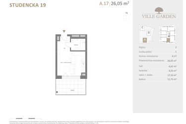 Rzut - Mieszkanie na sprzedaż 1 pokój o powierzchni 26,05 m² - numer A.17 w Ville Garden