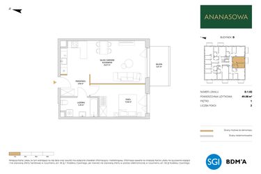 Rzut - Mieszkanie na sprzedaż 2 pokoje o powierzchni 49,08 m² - numer D.1.02 w Ananasowa