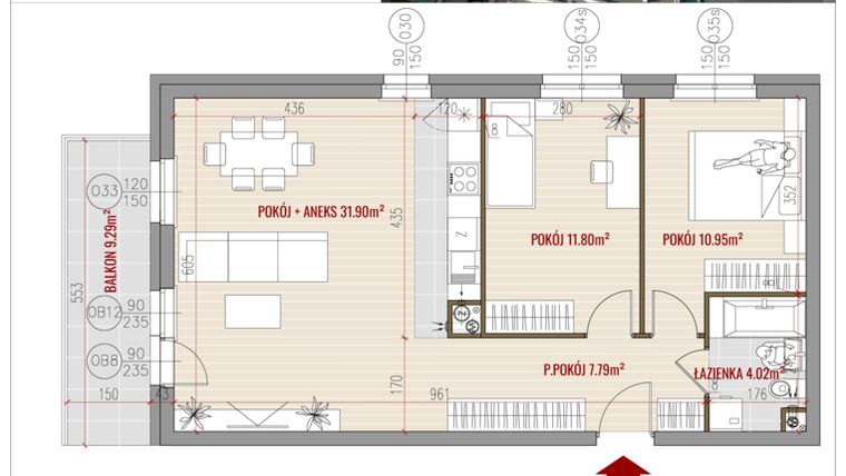 Rzut - Mieszkanie na sprzedaż 3 pokoje o powierzchni 66,46 m² - numer 14 w HUZAR B3