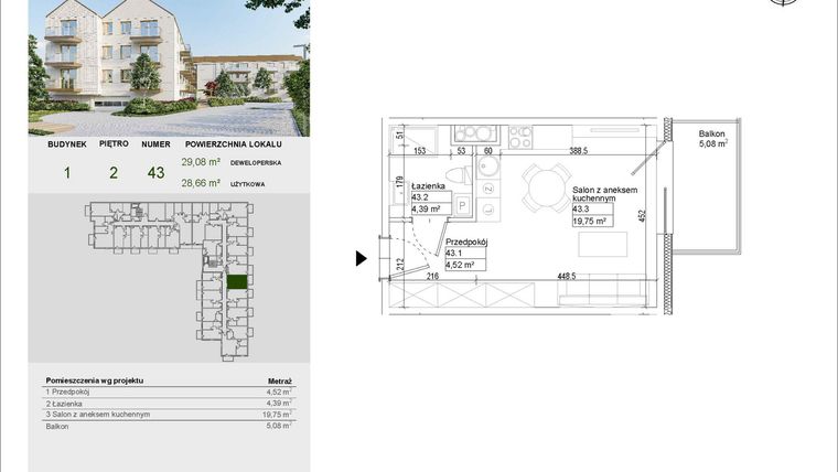 Rzut - Mieszkanie na sprzedaż 1 pokój o powierzchni 28,66 m² - numer A43 w Aleja Mickiewicza