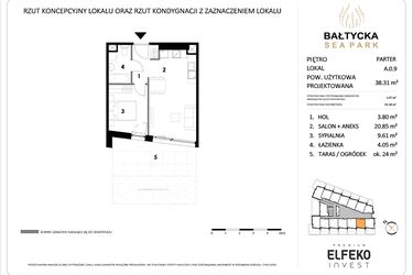 Rzut - Mieszkanie na sprzedaż 2 pokoje o powierzchni 38,31 m² - numer A.0.9 w Bałtycka Sea Park