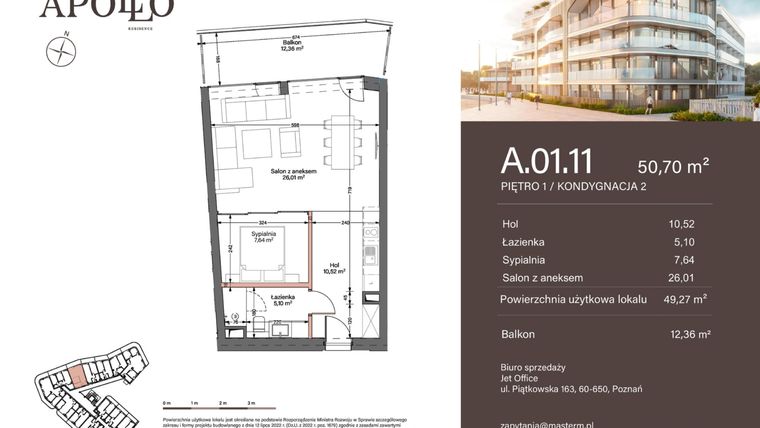 Rzut - Mieszkanie na sprzedaż 2 pokoje o powierzchni 49,27 m² - numer A.1.11 w Apollo Residence