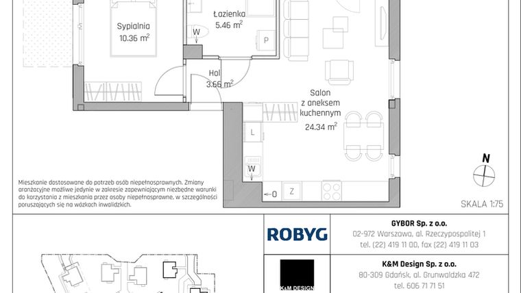 Rzut - Mieszkanie na sprzedaż 2 pokoje o powierzchni 43,82 m² - numer B6.0M01 w ROSA Residence etap II