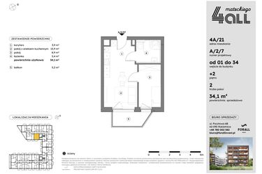 Rzut - Mieszkanie na sprzedaż 2 pokoje o powierzchni 34,1 m² - numer A/2/7 w Osiedle Mateckiego 4ALL