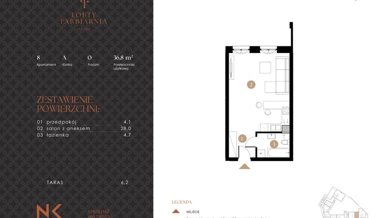 Rzut - Mieszkanie na sprzedaż 1 pokój o powierzchni 36,8 m² - numer 8 w Lofty Farbiarnia