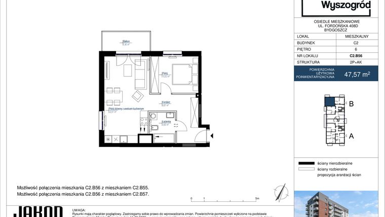 Rzut - Mieszkanie na sprzedaż 2 pokoje o powierzchni 47,57 m² - numer C2.B56 w Nowy Wyszogród etap II