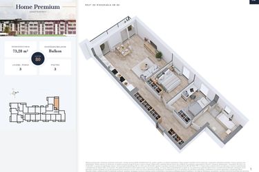 Rzut - Mieszkanie na sprzedaż 3 pokoje o powierzchni 73,28 m² - numer 80 w Apartamenty Home Premium etap 2